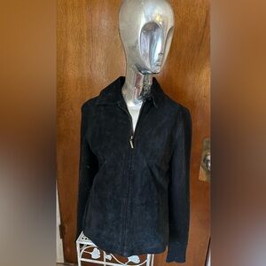 Fabio Black Suede Leather Jacket W/Sweater Knitted Sleeve Full Zip Woman’s Sz M